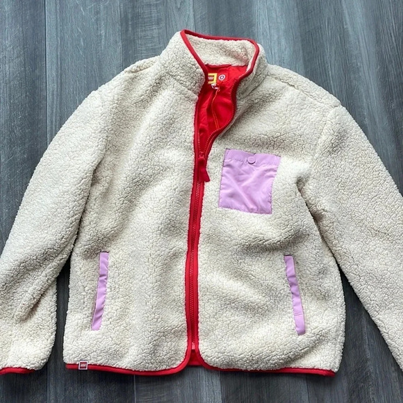 Lego Cream Red Pink Long Sleeve Zip Up Sherpa Jacket Small - Picture 1 of 2